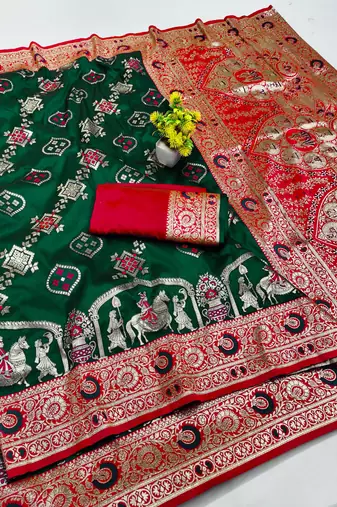 dark green zari woven art silk baluchari saree with blouse