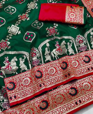 dark green zari woven art silk saree with blouse 2