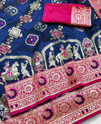 navy blue zari woven art silk saree with blouse 1