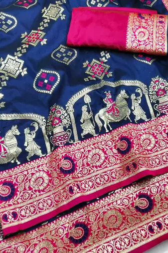 navy blue zari woven art silk baluchari saree with blouse