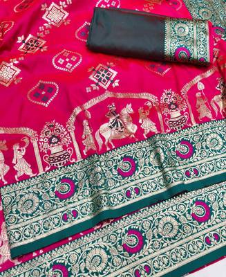 rani pink zari woven art silk saree with blouse 1