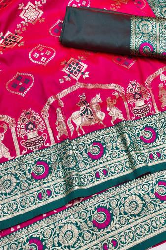 rani pink zari woven art silk baluchari saree with blouse