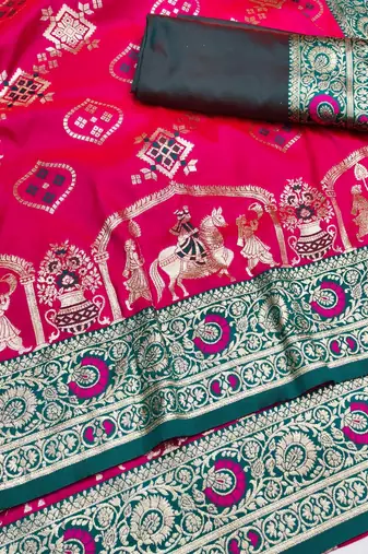 rani pink zari woven art silk baluchari saree with blouse