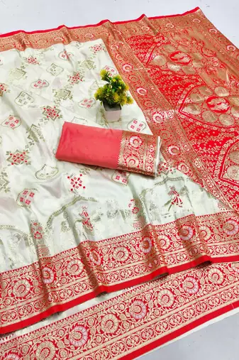 off white zari woven art silk baluchari saree with blouse