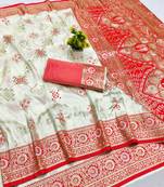 off white zari woven art silk baluchari saree with blouse
