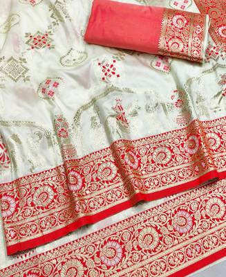 off white zari woven art silk saree with blouse 2