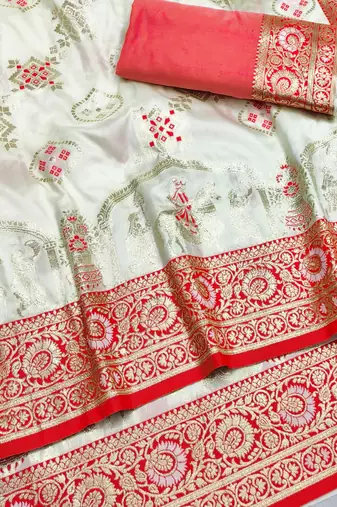 off white zari woven art silk baluchari saree with blouse