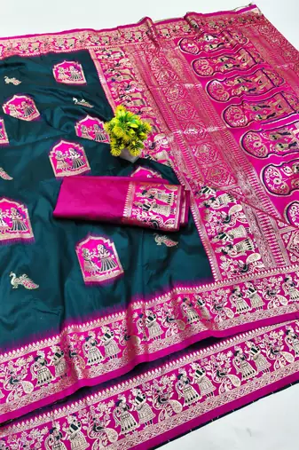 blue zari woven art silk baluchari saree with blouse