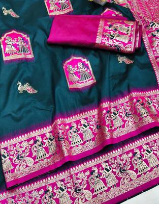 blue zari woven art silk blend saree with blouse 2