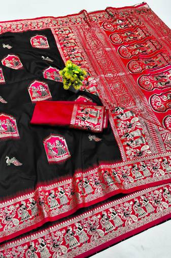 black zari woven art silk baluchari saree with blouse