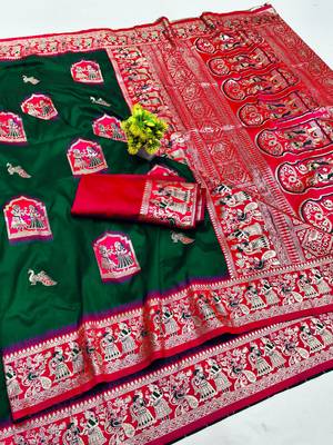 dark green zari woven art silk blend saree with blouse 1