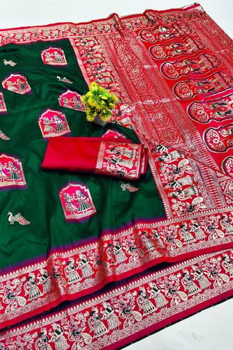 dark green zari woven art silk baluchari saree with blouse