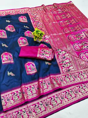 navy blue zari woven art silk saree with blouse 1