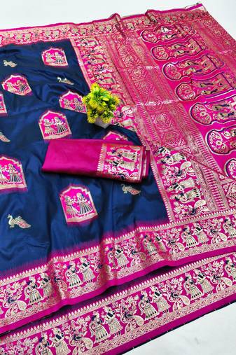 navy blue zari woven art silk baluchari saree with blouse