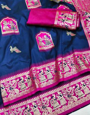 navy blue zari woven art silk saree with blouse 2