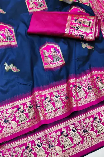 navy blue zari woven art silk saree with blouse