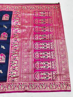 navy blue zari woven art silk saree with blouse 4