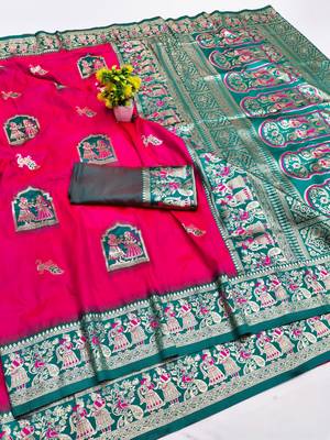 rani pink zari woven art silk saree with blouse 1