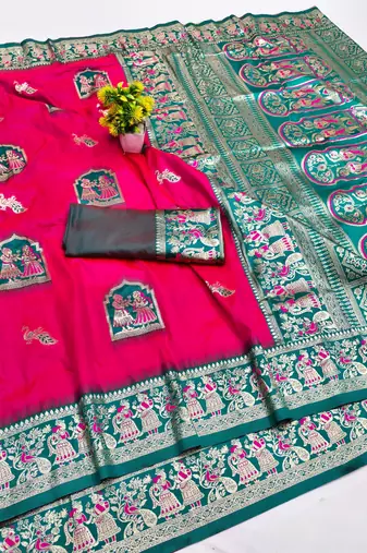 rani pink zari woven art silk baluchari saree with blouse