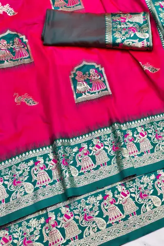 rani pink zari woven art silk saree with blouse
