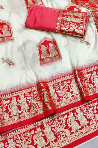 off white zari woven art silk baluchari saree with blouse