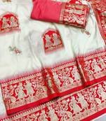 off white zari woven art silk baluchari saree with blouse