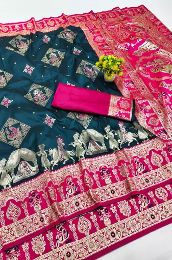 blue zari woven art silk baluchari saree with blouse