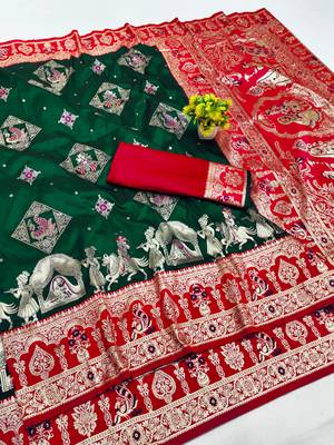 dark green zari woven art silk saree with blouse 1