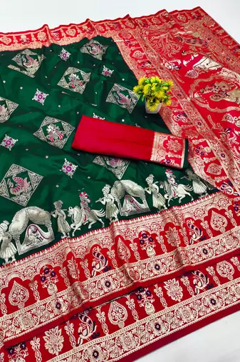 dark green zari woven art silk baluchari saree with blouse