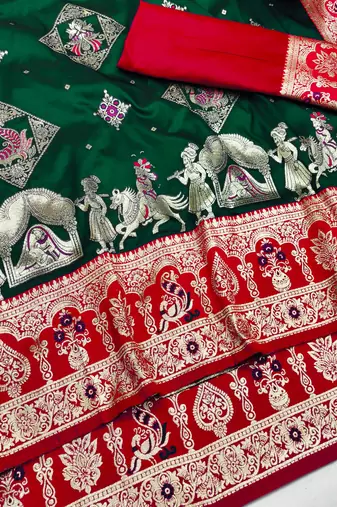 dark green zari woven art silk baluchari saree with blouse
