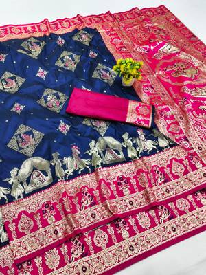 navy blue zari woven art silk saree with blouse 1