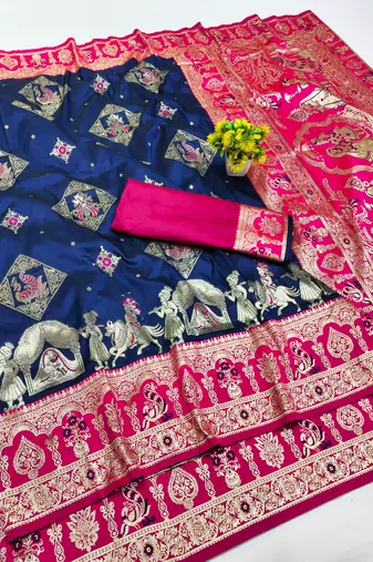 navy blue zari woven art silk baluchari saree with blouse