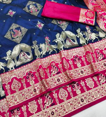 navy blue zari woven art silk saree with blouse 2