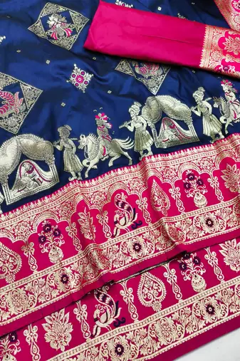 navy blue zari woven art silk saree with blouse