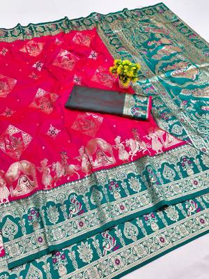 rani pink zari woven art silk saree with blouse 1