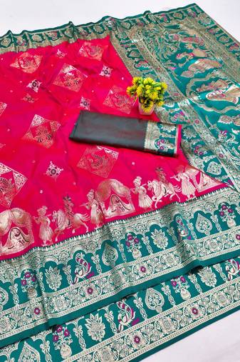 rani pink zari woven art silk baluchari saree with blouse