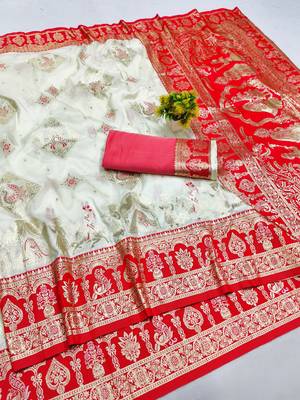 off white zari woven art silk saree with blouse 1