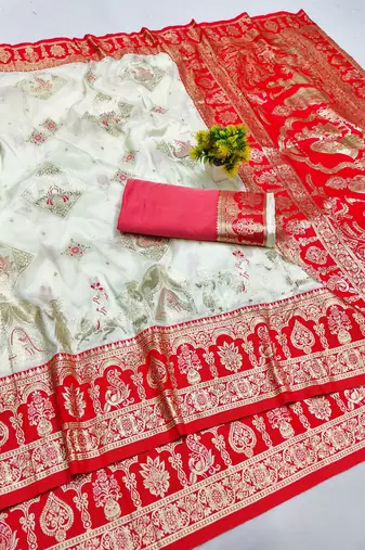 off white zari woven art silk baluchari saree with blouse