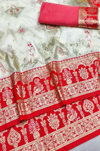 off white zari woven art silk baluchari saree with blouse
