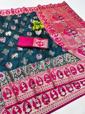 blue zari woven art silk saree with blouse 1