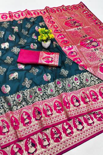 blue zari woven art silk baluchari saree with blouse