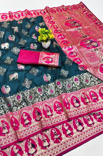 blue zari woven art silk baluchari saree with blouse
