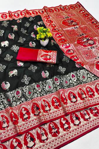 black zari woven art silk baluchari saree with blouse