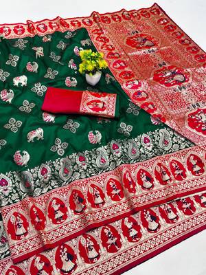 dark green zari woven art silk saree with blouse 1
