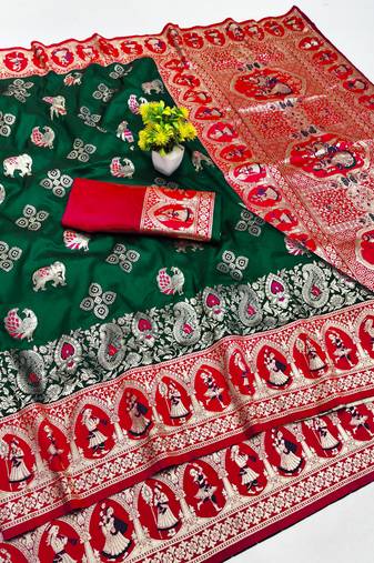 dark green zari woven art silk baluchari saree with blouse