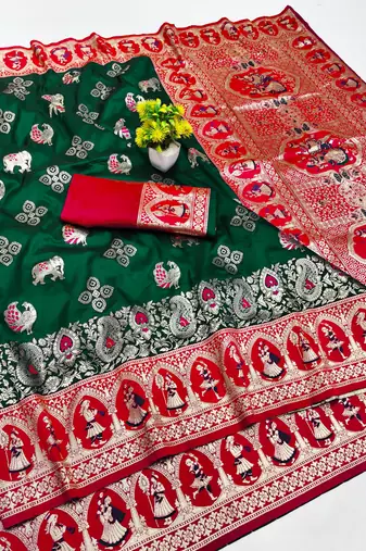 dark green zari woven art silk baluchari saree with blouse