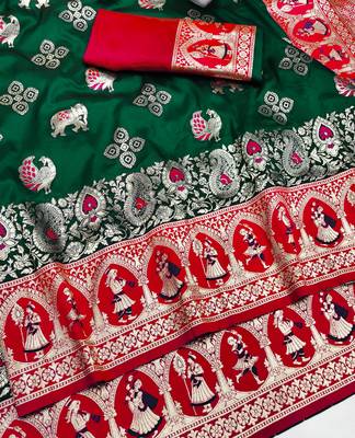 dark green zari woven art silk saree with blouse 2