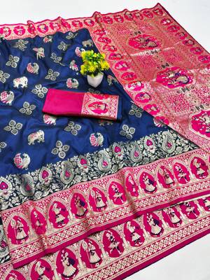 navy blue zari woven art silk saree with blouse 1