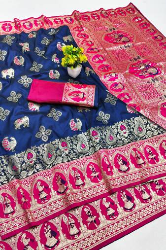 navy blue zari woven art silk baluchari saree with blouse