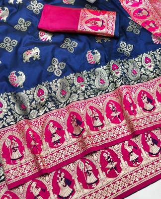 navy blue zari woven art silk saree with blouse 2